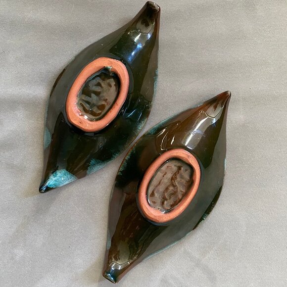 Two BMP Vintage Blue Ceramic Candle-holders tree leaf shaped 6 inch - Picture 3 of 3